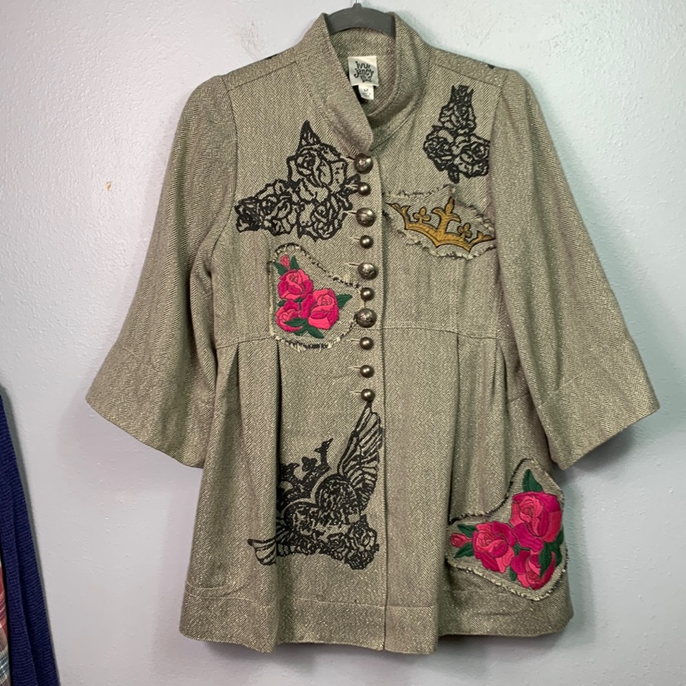 Ivy Jane Tweed Boho Baby Doll Appliqué Embroidered 3/4 Sleeve Jacket Coat Medium